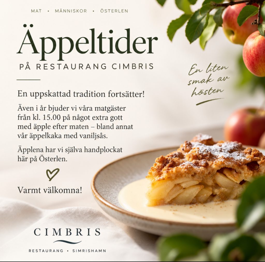 Äppeltider på restaurang Cimbris. Handplockade äpplen från Österlen.